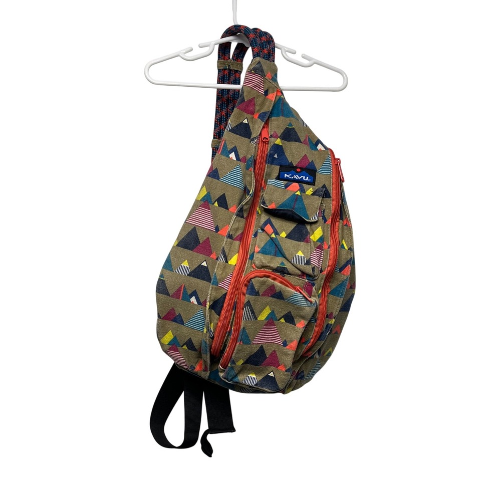 Kavu Rope Bag Geometric Mountain Print Canvas Sling Crossbody Backpack Tan Multi